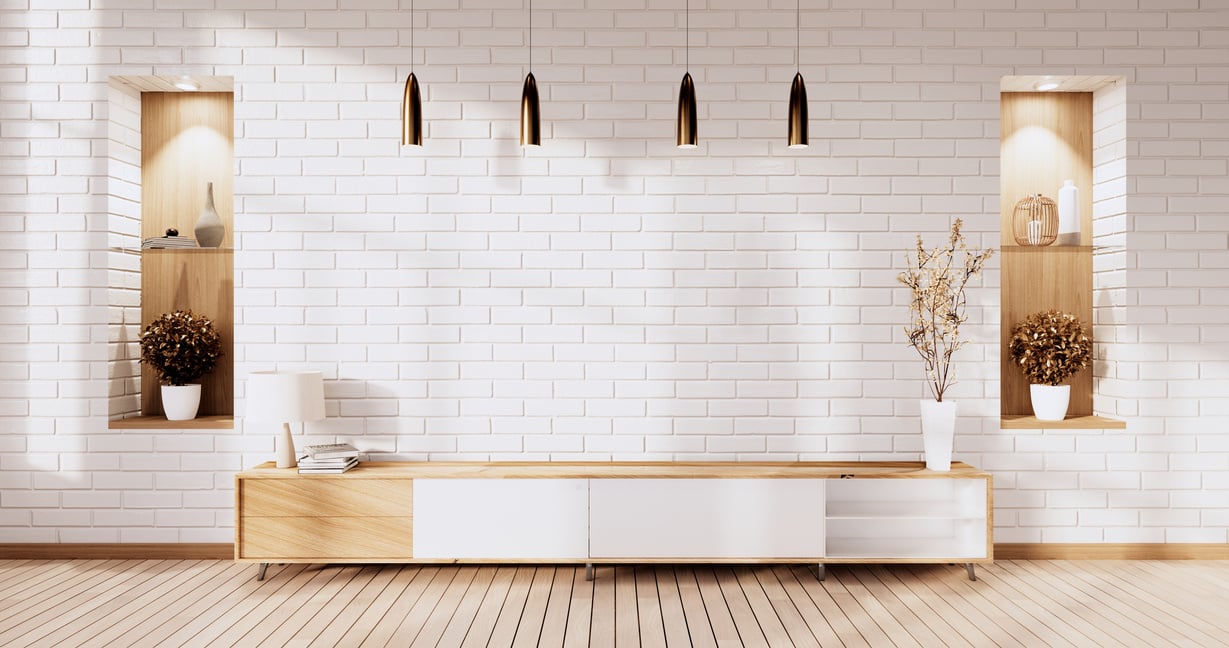 Tv Cabinet in Loft Interior White Brick Wall Room Minimal Design